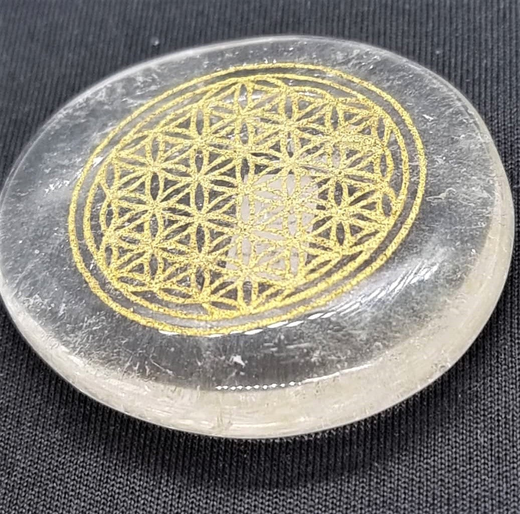 Clear Quartz Flat stone with Flower of Life